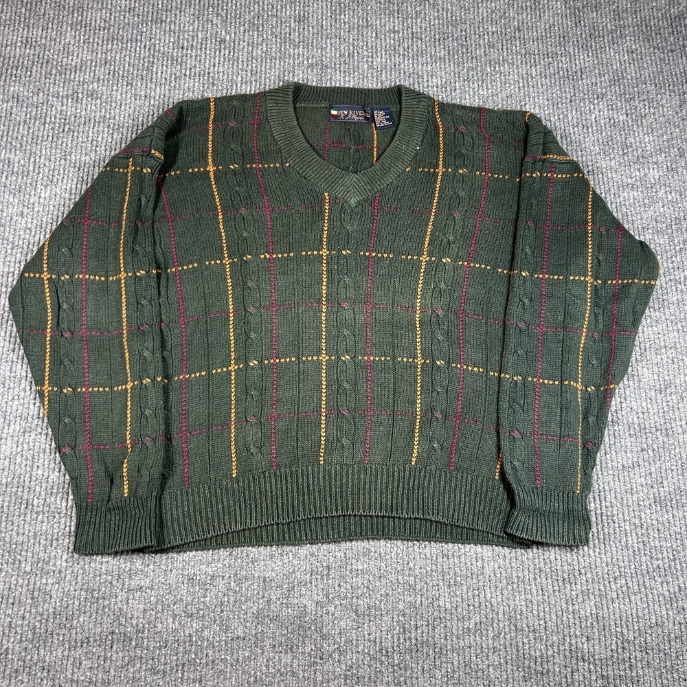 VTG New River Sweater Mens L Olive Green Windowpane Cotton V Neck Cable Knit Rib